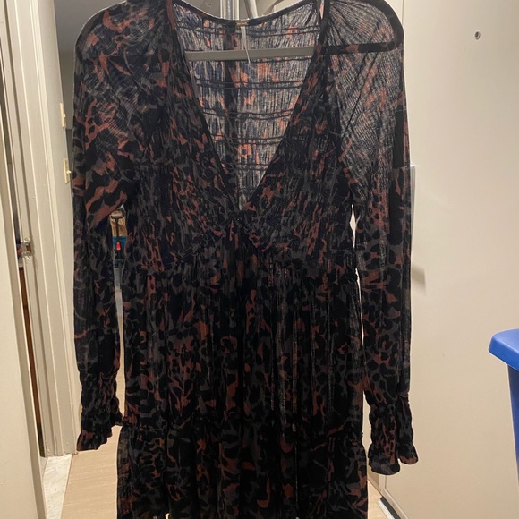 Free People Black and Brown Animal Print V-Neck Long Sleeve Dress - Picture 2 of 9